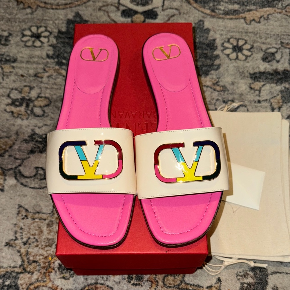 Valentino Women's Pink and Cream Slide Sandals